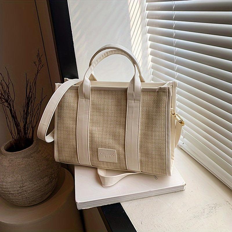 Stylish Summer Woven Tote Bag & Beige Linen Crossbody Handbag for Women