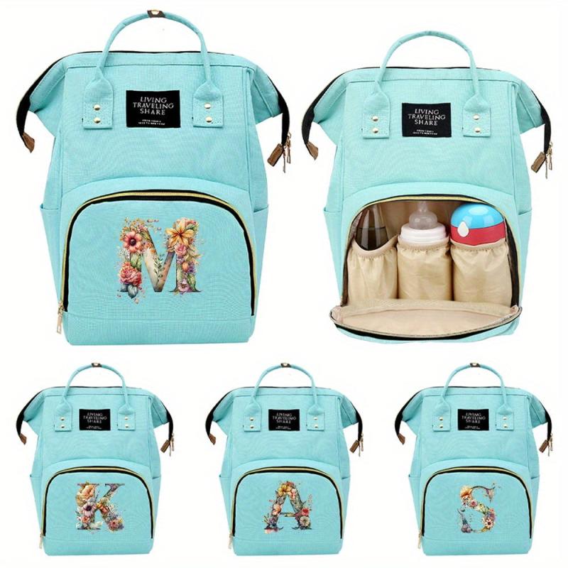 LAND Floral Monogram Diaper Backpack with Changing Mat & Insulated Pockets