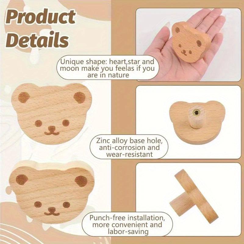 6pcs Boho Bear Shaped Wood Dresser Knobs with Mounting Screws
