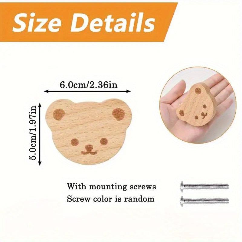 6pcs Boho Bear Shaped Wood Dresser Knobs with Mounting Screws
