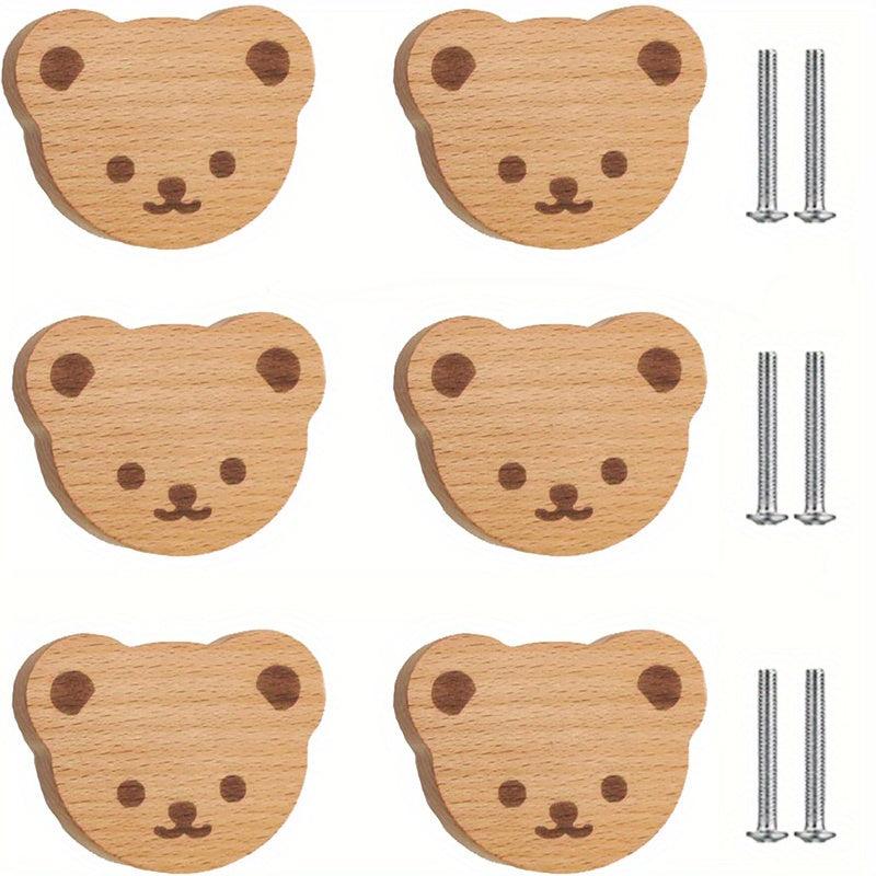 6pcs Boho Bear Shaped Wood Dresser Knobs with Mounting Screws