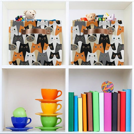 Set of 2 Cat Pattern Storage Baskets - Foldable Cloth Cube Basket