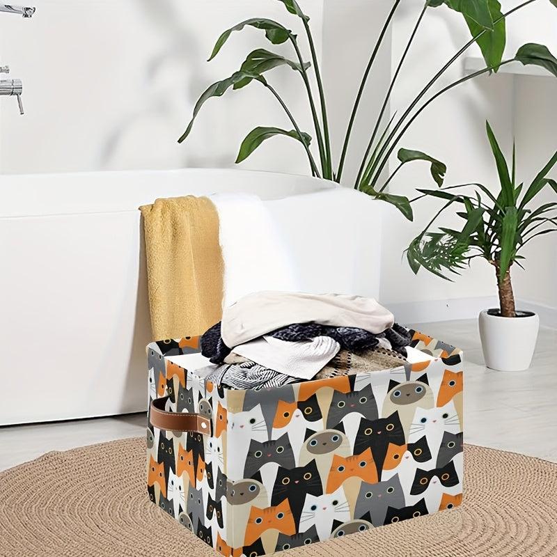 Set of 2 Cat Pattern Storage Baskets - Foldable Cloth Cube Basket