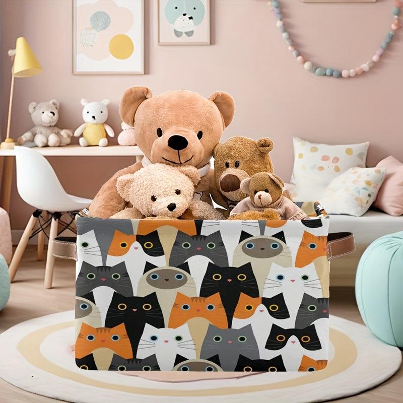Set of 2 Cat Pattern Storage Baskets - Foldable Cloth Cube Basket