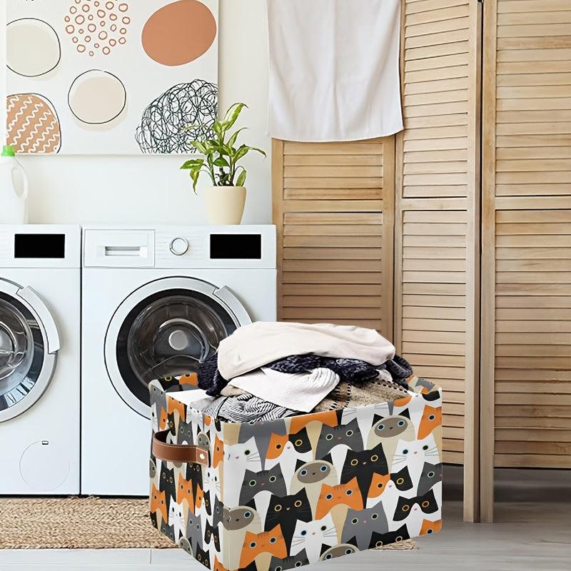 Set of 2 Cat Pattern Storage Baskets - Foldable Cloth Cube Basket