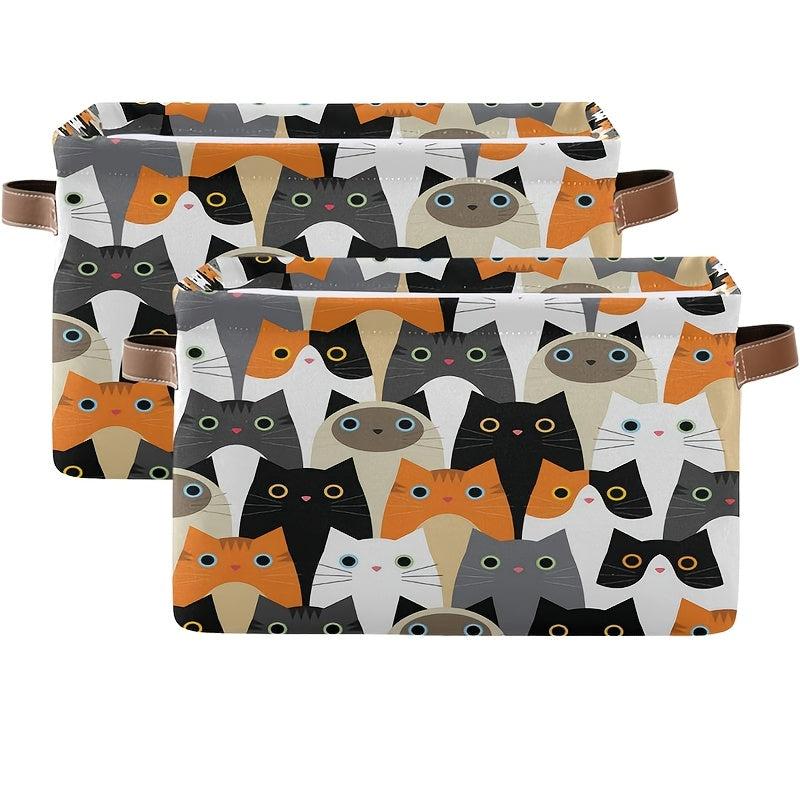 Set of 2 Cat Pattern Storage Baskets - Foldable Cloth Cube Basket