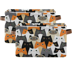 Set of 2 Cat Pattern Storage Baskets - Foldable Cloth Cube Basket