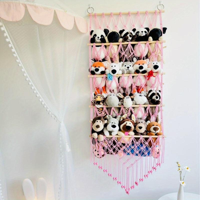 Boho Toy Storage Rack w/ Tassels, Large Capacity Wall Hanging Net