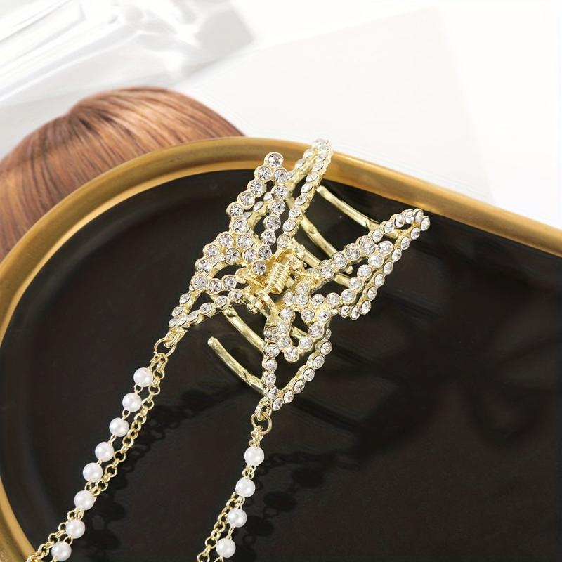 Golden Butterfly Hair Claw Clip with Pearl Chain Tassel