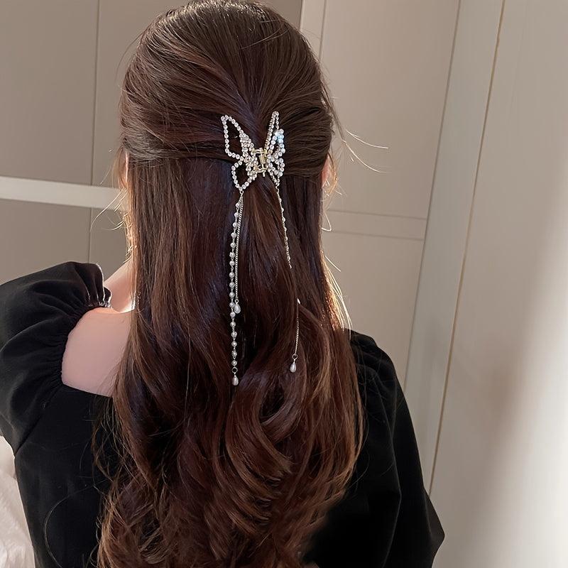 Golden Butterfly Hair Claw Clip with Pearl Chain Tassel