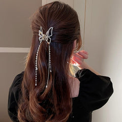Golden Butterfly Hair Claw Clip with Pearl Chain Tassel