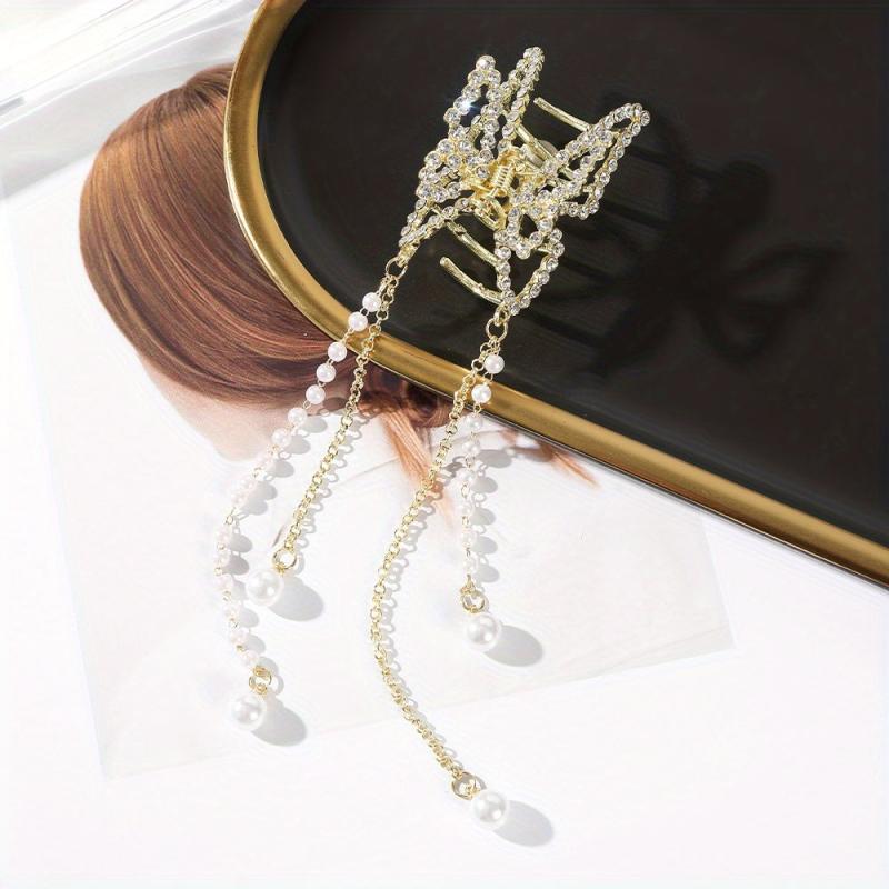 Golden Butterfly Hair Claw Clip with Pearl Chain Tassel