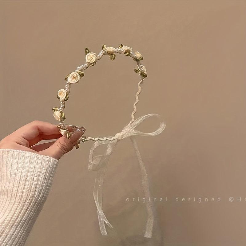 Faux Pearl Flower Satin Headband Hair Accessories for Women Girls