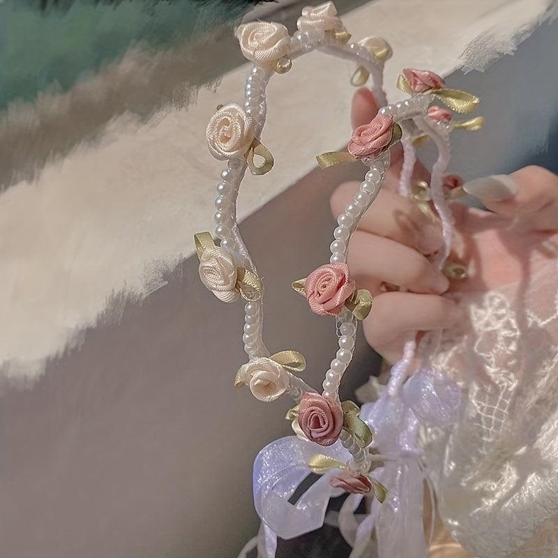 Faux Pearl Flower Satin Headband Hair Accessories for Women Girls