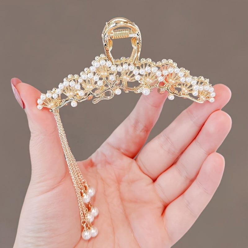 Faux Pearl Hollow Tassel Hair Clip Nonslip Strong Hold Hair Claw Clips