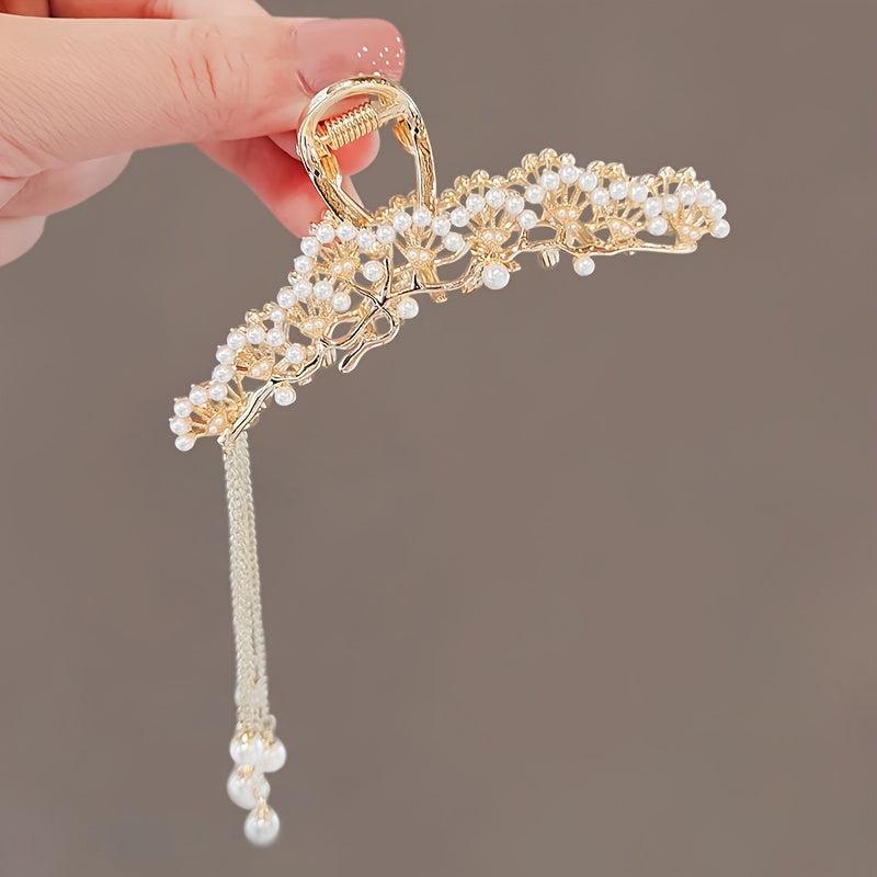 Faux Pearl Hollow Tassel Hair Clip Nonslip Strong Hold Hair Claw Clips
