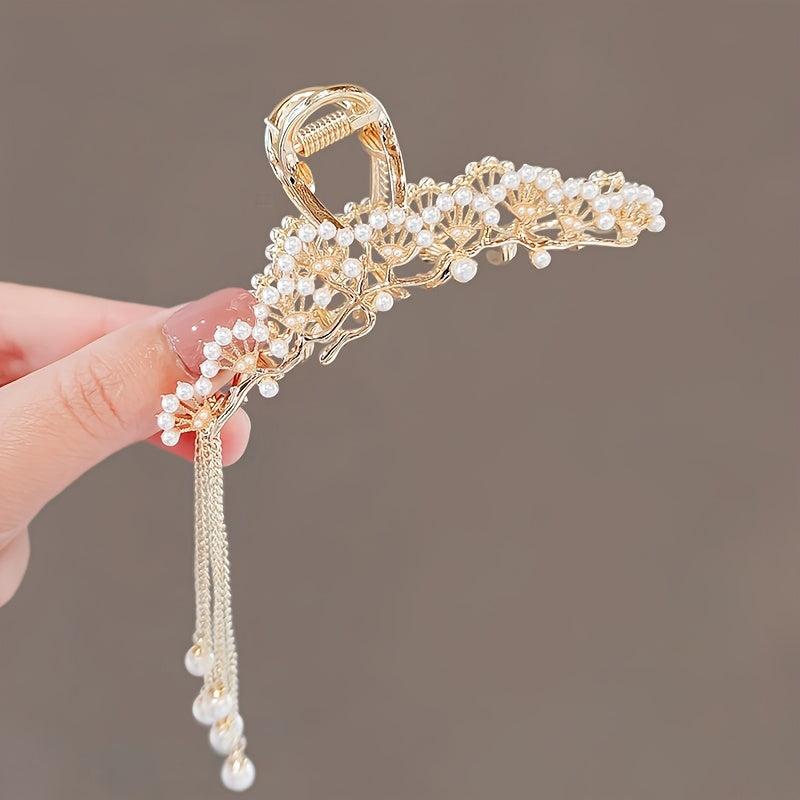 Faux Pearl Hollow Tassel Hair Clip Nonslip Strong Hold Hair Claw Clips