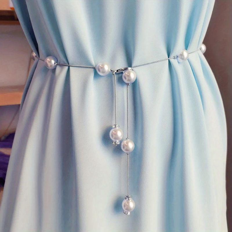 Faux Pearl Thin Waist Chain Belt Women's Dress Decorative Belt