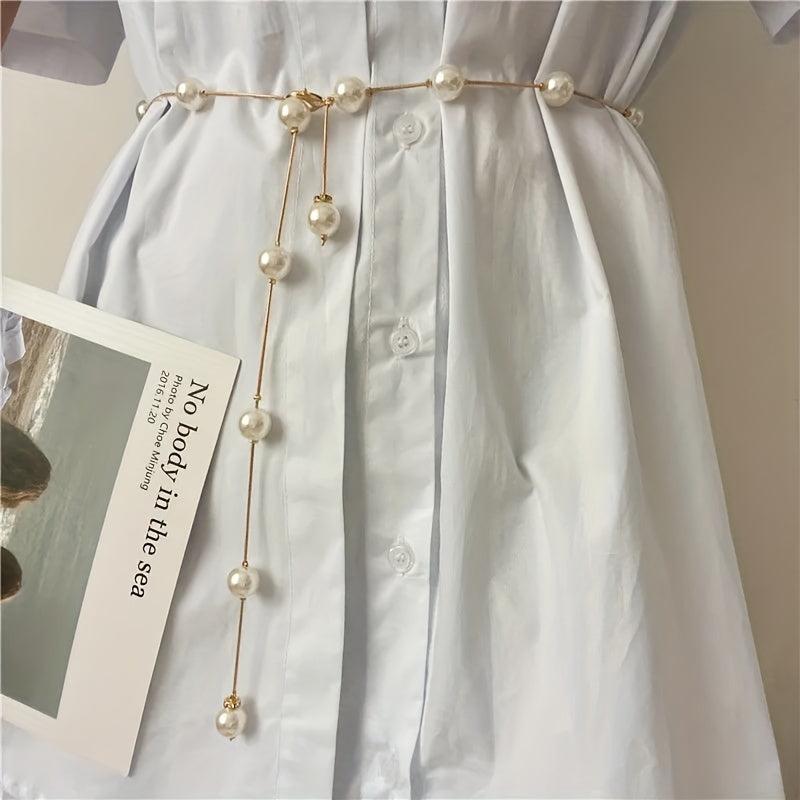 Faux Pearl Thin Waist Chain Belt Women's Dress Decorative Belt