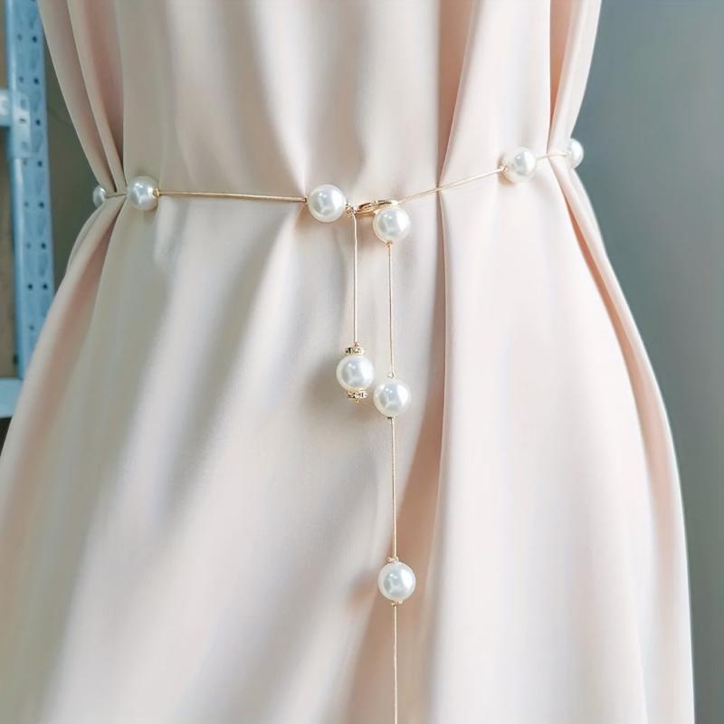 Faux Pearl Thin Waist Chain Belt Women's Dress Decorative Belt