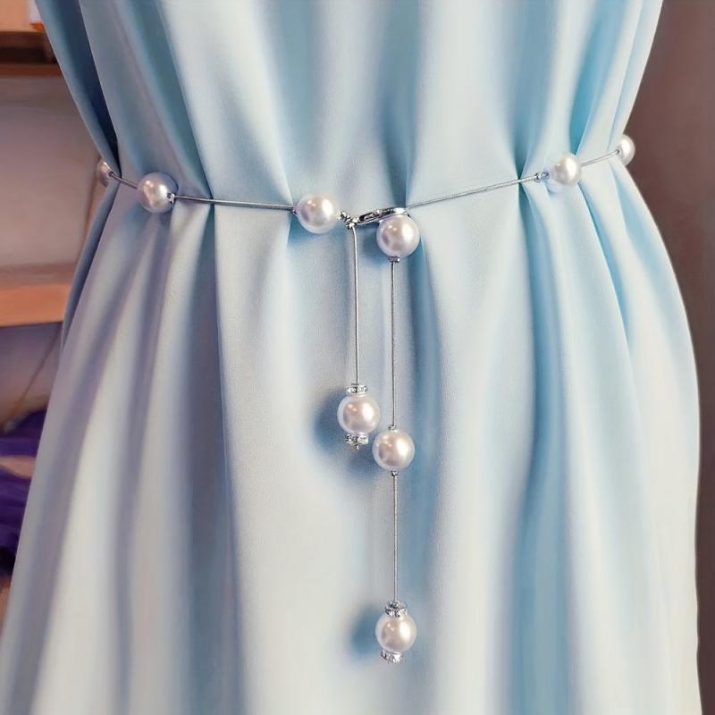 Faux Pearl Thin Waist Chain Belt Women's Dress Decorative Belt