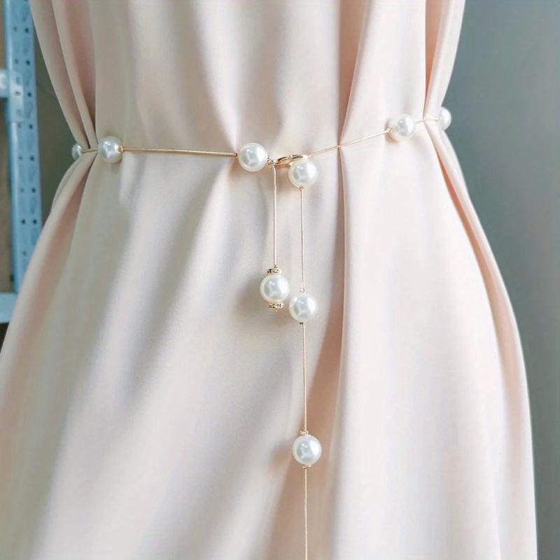 Faux Pearl Thin Waist Chain Belt Women's Dress Decorative Belt