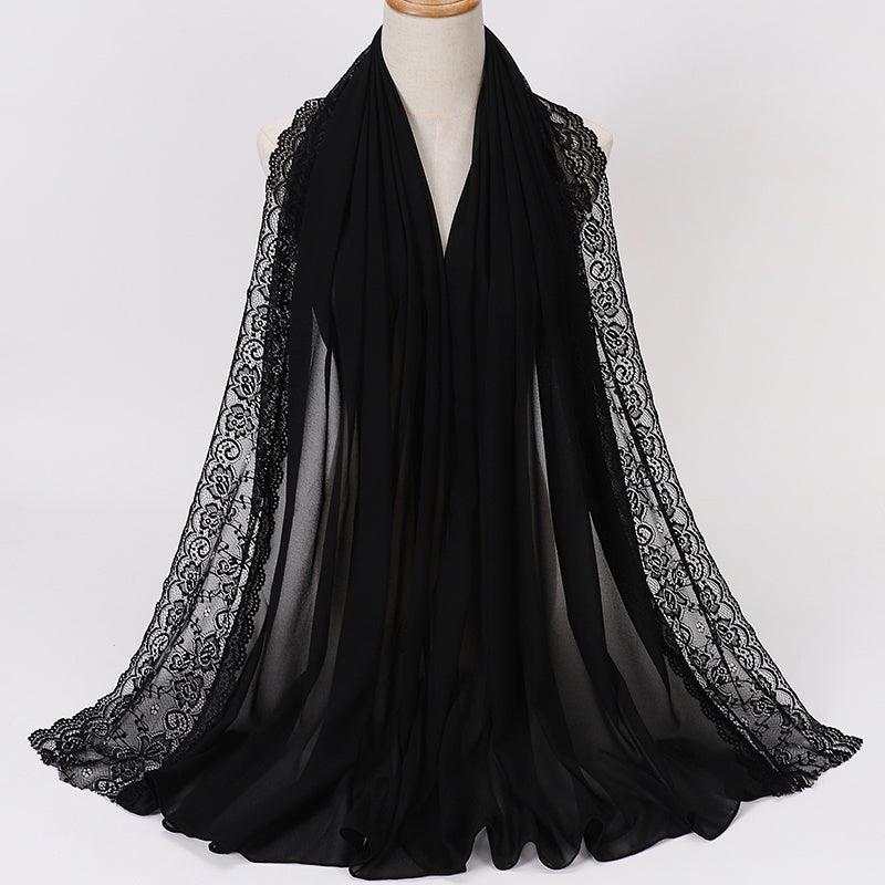 Pearl Chiffon Lace Trim Head Scarf Lightweight Wrap