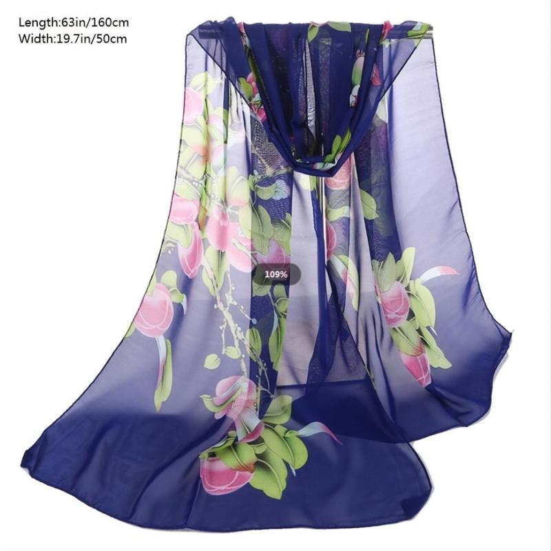 Plant Pattern Print Chiffon Scarf Lightweight Silk Neck Scarfs