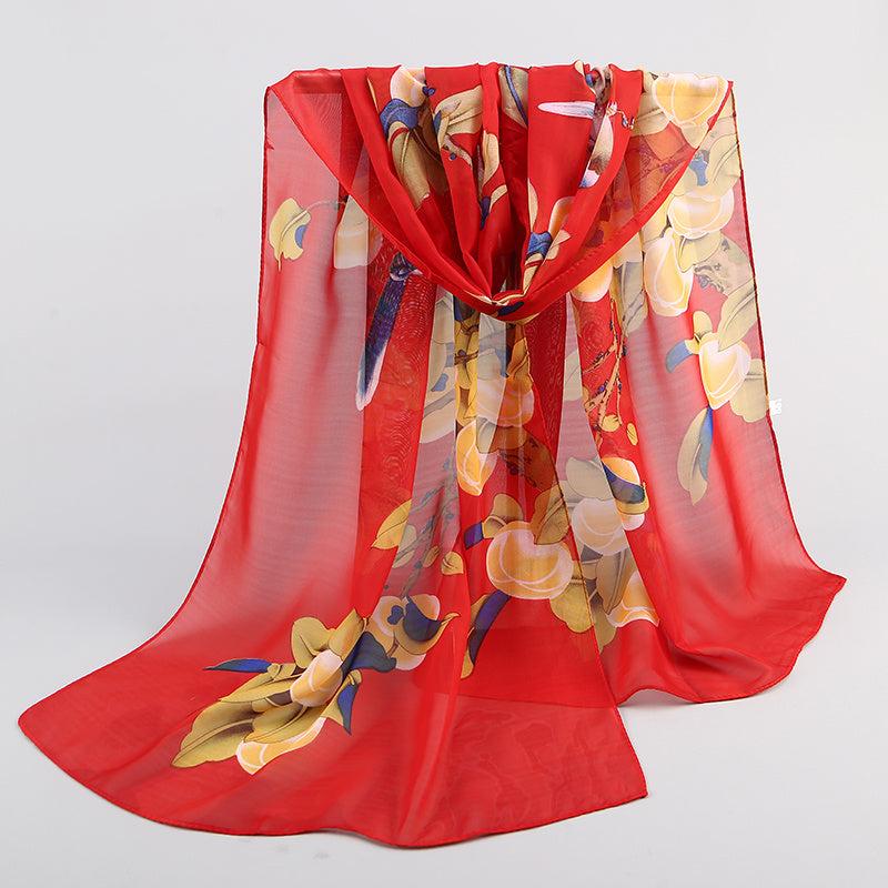 Plant Pattern Print Chiffon Scarf Lightweight Silk Neck Scarfs