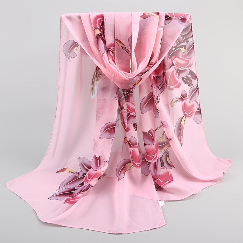 Plant Pattern Print Chiffon Scarf Lightweight Silk Neck Scarfs