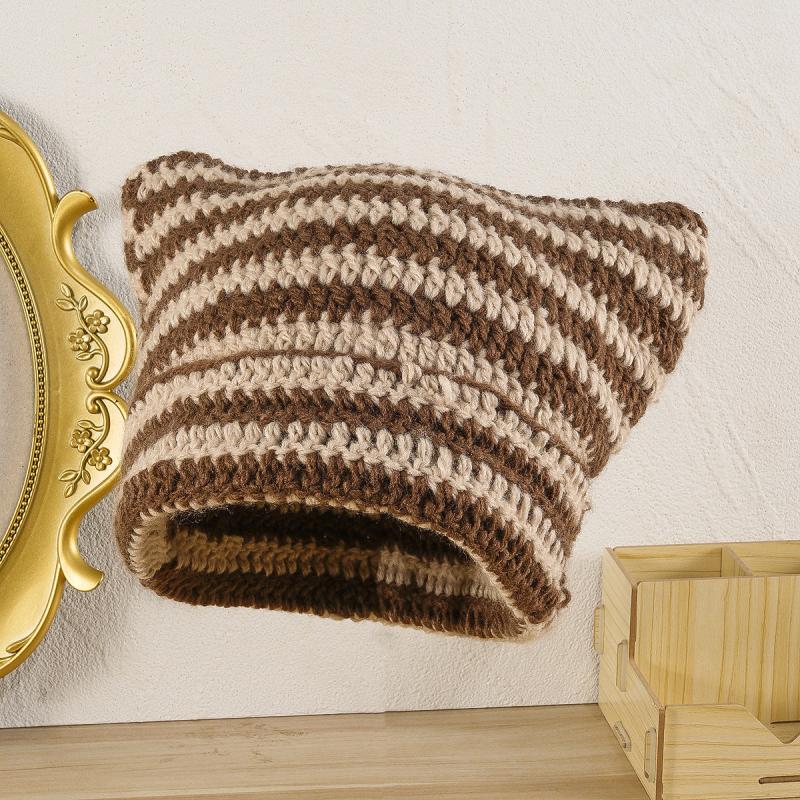 Striped Cat Ear Beanie Hat Crochet Animal Unisex Christmas Birthday