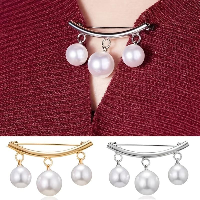 Faux Pearl Neck Tie Pin Buckle Metal Brooch