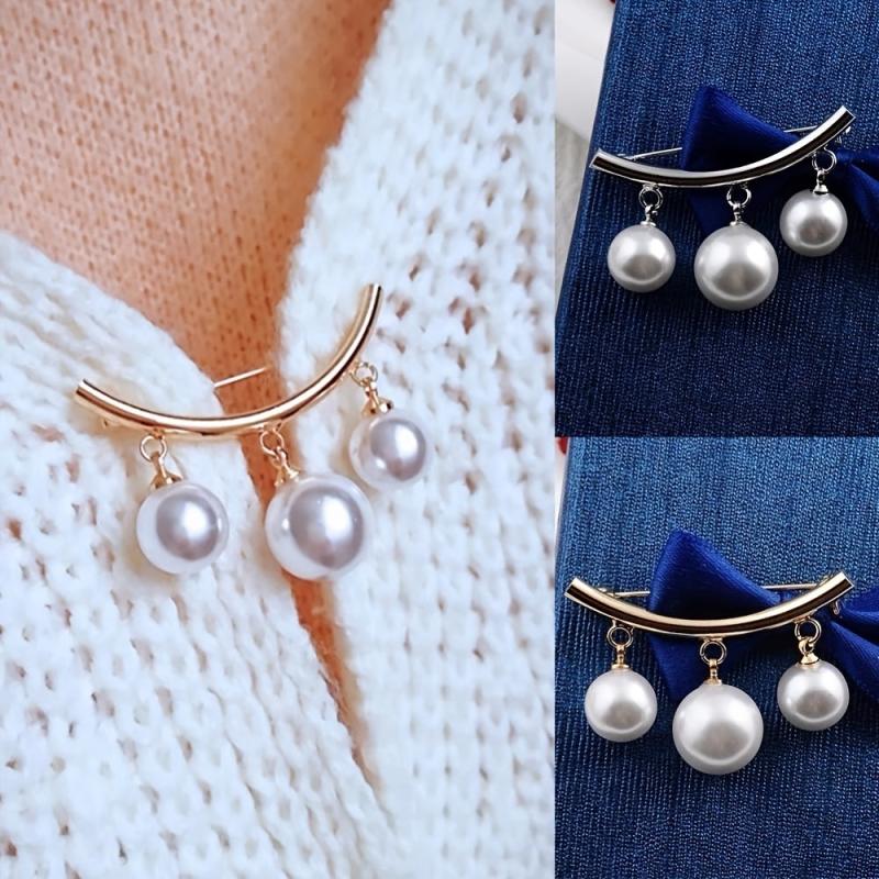 Faux Pearl Neck Tie Pin Buckle Metal Brooch