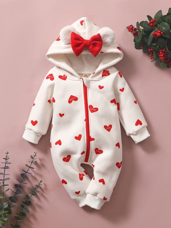Toddler Baby Heart Print Hooded Jumpsuit For Girls