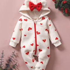 Toddler Baby Heart Print Hooded Jumpsuit For Girls