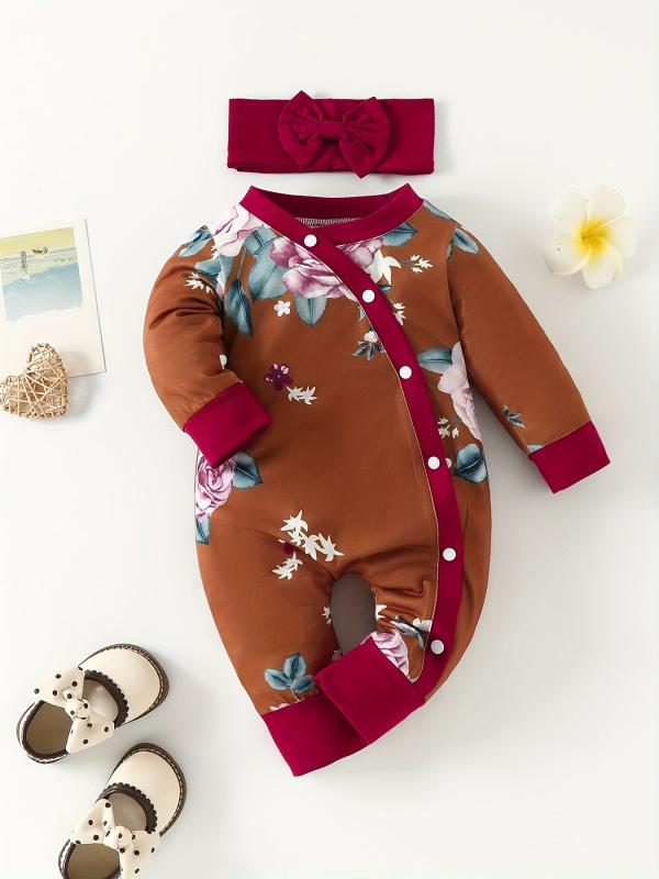 2pcs Baby Girls Floral Long Sleeve Romper & Headband Set
