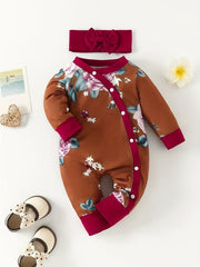 2pcs Baby Girls Floral Long Sleeve Romper & Headband Set