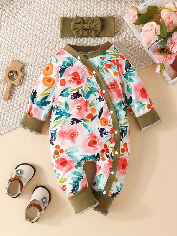 2pcs Baby Girls Floral Long Sleeve Romper & Headband Set