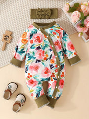 2pcs Baby Girls Floral Long Sleeve Romper & Headband Set
