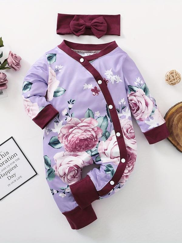 2pcs Baby Girls Floral Long Sleeve Romper & Headband Set