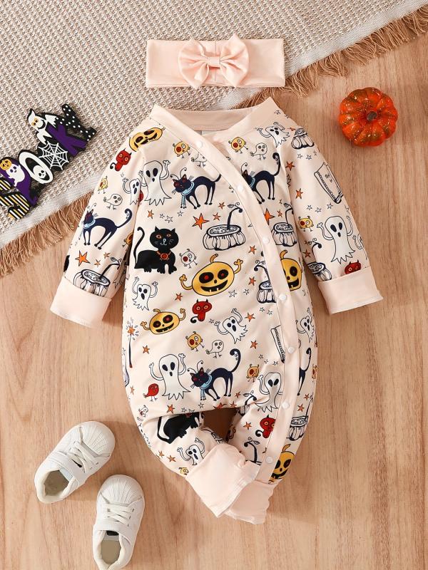 2pcs Baby Girls Floral Long Sleeve Romper & Headband Set