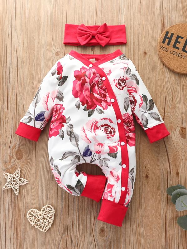 2pcs Baby Girls Floral Long Sleeve Romper & Headband Set