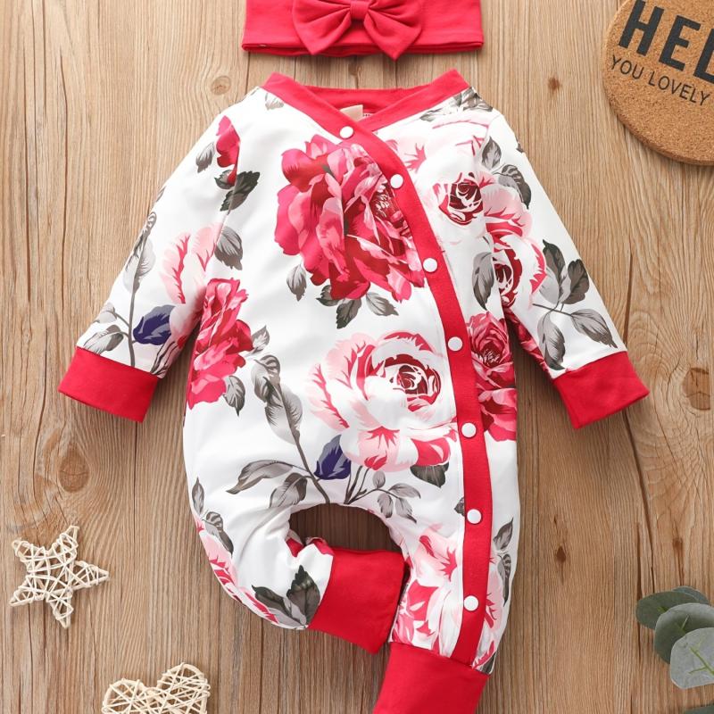 2pcs Baby Girls Floral Long Sleeve Romper & Headband Set