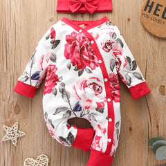 2pcs Baby Girls Floral Long Sleeve Romper & Headband Set
