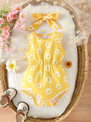 Floral Graphic Print Baby Onesie Set with Headband
