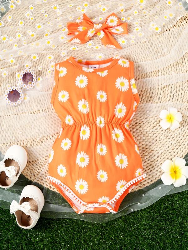 Floral Graphic Print Baby Onesie Set with Headband