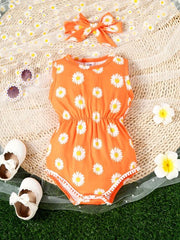 Floral Graphic Print Baby Onesie Set with Headband