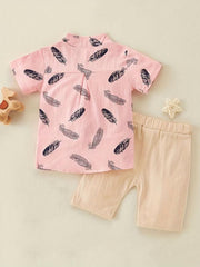 2pcs Baby Boys Feather Pattern Shirt & Shorts Set