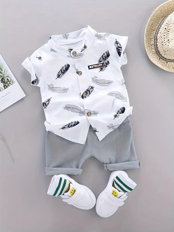 2pcs Baby Boys Feather Pattern Shirt & Shorts Set
