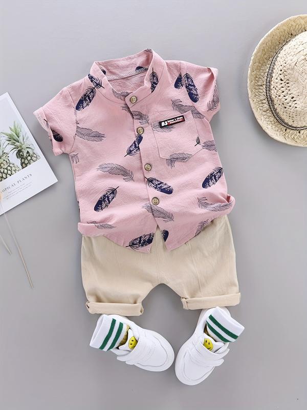 2pcs Baby Boys Feather Pattern Shirt & Shorts Set